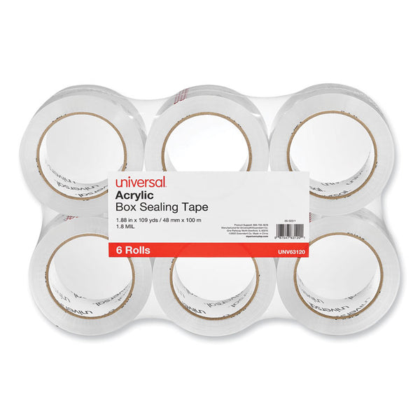 Universal® Deluxe General-Purpose Acrylic Box Sealing Tape, 1.7 mil, 3" Core, 1.88" x 109 yds, Clear, 6/Pack (UNV63120)