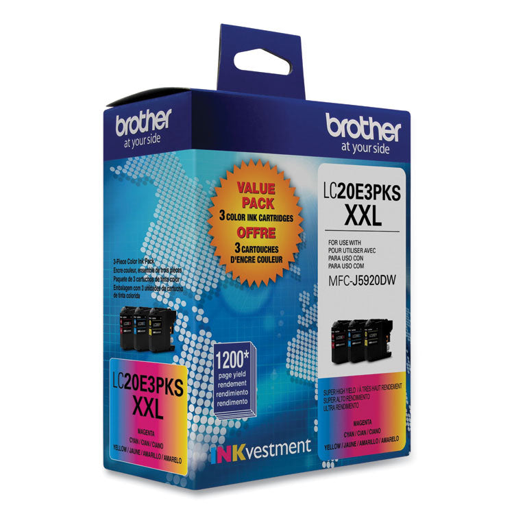 Brother LC20E3PKS Super High-Yield Ink, 1,200 Page-Yield, Cyan/Magenta/Yellow, 3/Pack (BRTLC20E3PKS)