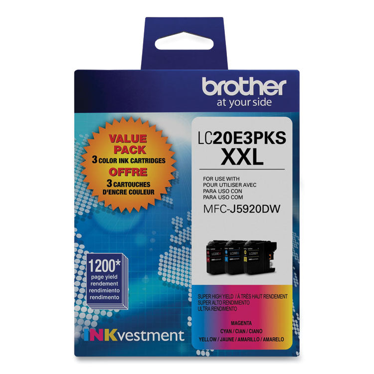 Brother LC20E3PKS Super High-Yield Ink, 1,200 Page-Yield, Cyan/Magenta/Yellow, 3/Pack (BRTLC20E3PKS)