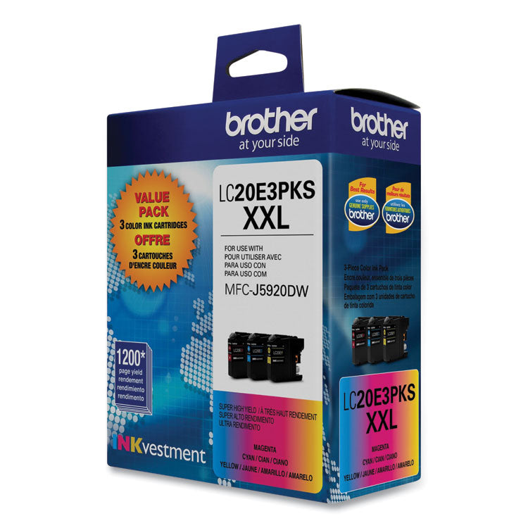 Brother LC20E3PKS Super High-Yield Ink, 1,200 Page-Yield, Cyan/Magenta/Yellow, 3/Pack (BRTLC20E3PKS)