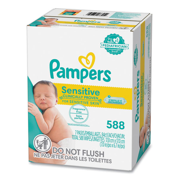 Pampers® Sensitive Baby Wipes, 1-Ply, 6.7 x 7, Unscented, White, 84/Pack, 7/Carton (PGC07325)