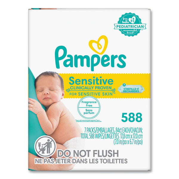 Pampers® Sensitive Baby Wipes, 1-Ply, 6.7 x 7, Unscented, White, 84/Pack, 7/Carton (PGC07325)