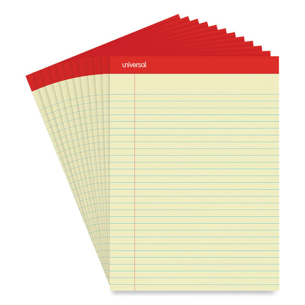 Universal® Perforated Ruled Writing Pads, Wide/Legal Rule, Red Headband, 50 Canary-Yellow 8.5 x 11.75 Sheets, Dozen (UNV10630)