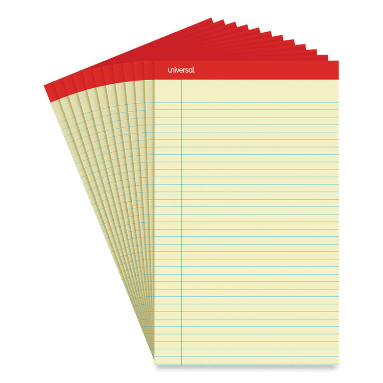 Universal® Perforated Ruled Writing Pads, Wide/Legal Rule, Red Headband, 50 Canary-Yellow 8.5 x 14 Sheets, Dozen (UNV40000)