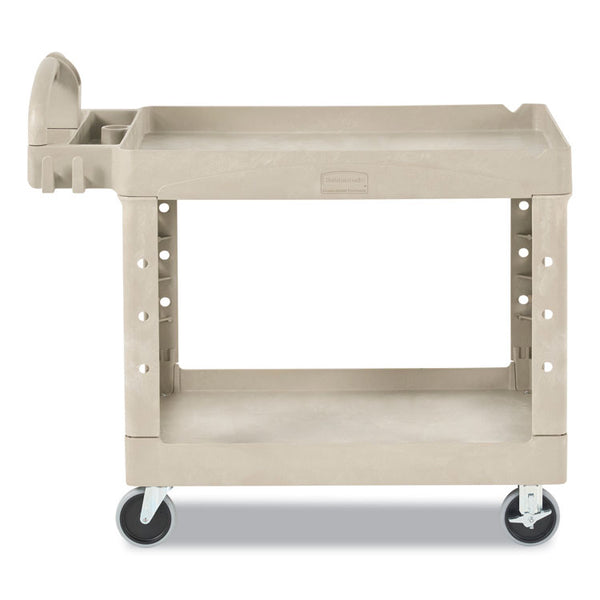 Rubbermaid® Commercial Heavy-Duty Utility Cart with Lipped Shelves, Plastic, 2 Shelves, 500 lb Capacity, 17.13" x 38.5" x 38.88", Beige (RCP450088BG)