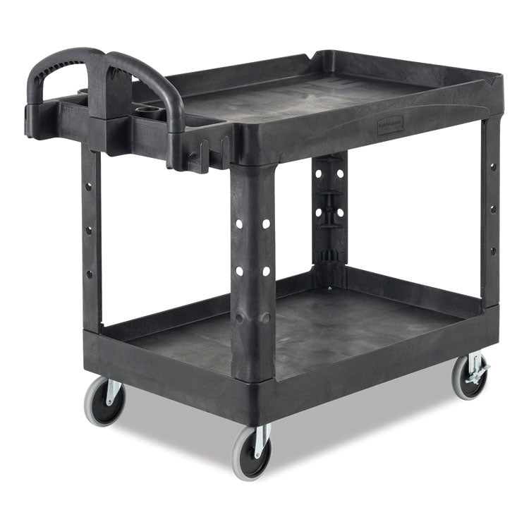 Rubbermaid® Commercial Heavy-Duty Utility Cart with Lipped Shelves, Plastic, 2 Shelves, 500 lb Capacity, 17.13" x 38.5" x 38.88", Black (RCP450088BK)