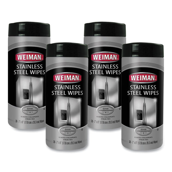 WEIMAN® Stainless Steel Wipes, 1-Ply, 7 x 8, White, 30/Canister, 4 Canisters/Carton (WMN92CT)