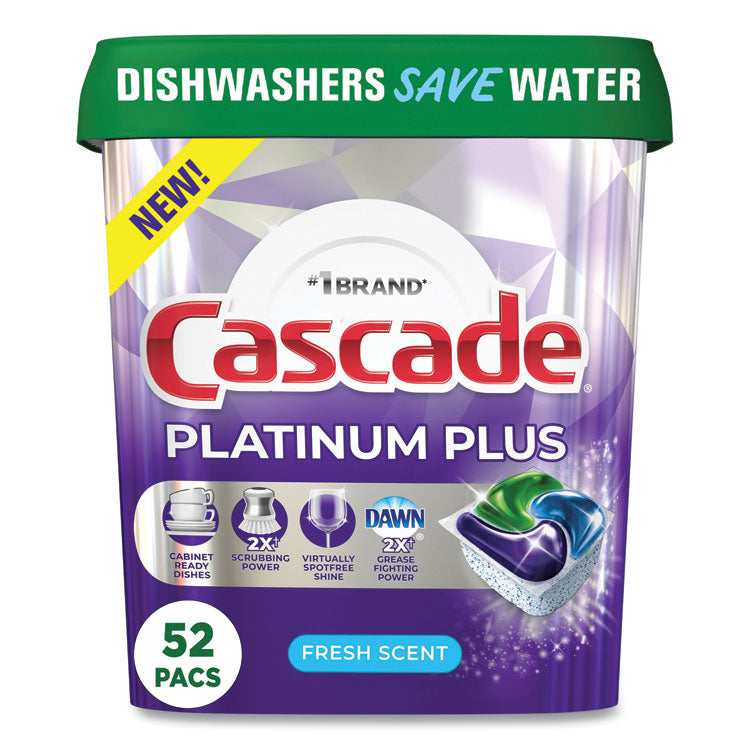 Cascade® Platinum Plus ActionPacs Dishwasher Detergent Pods, Fresh Scent, 28.4 oz Tub, 52/Tub, 3 Tubs/Carton (PGC06156)