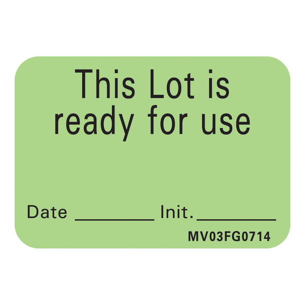 Barkley® Pre-Printed Label Auxiliary Label Green Plastic This Lot is ready for use, Date-Init Black Quality Control Label 1 X 1-7/16 Inch (489157_RL) 1/RL