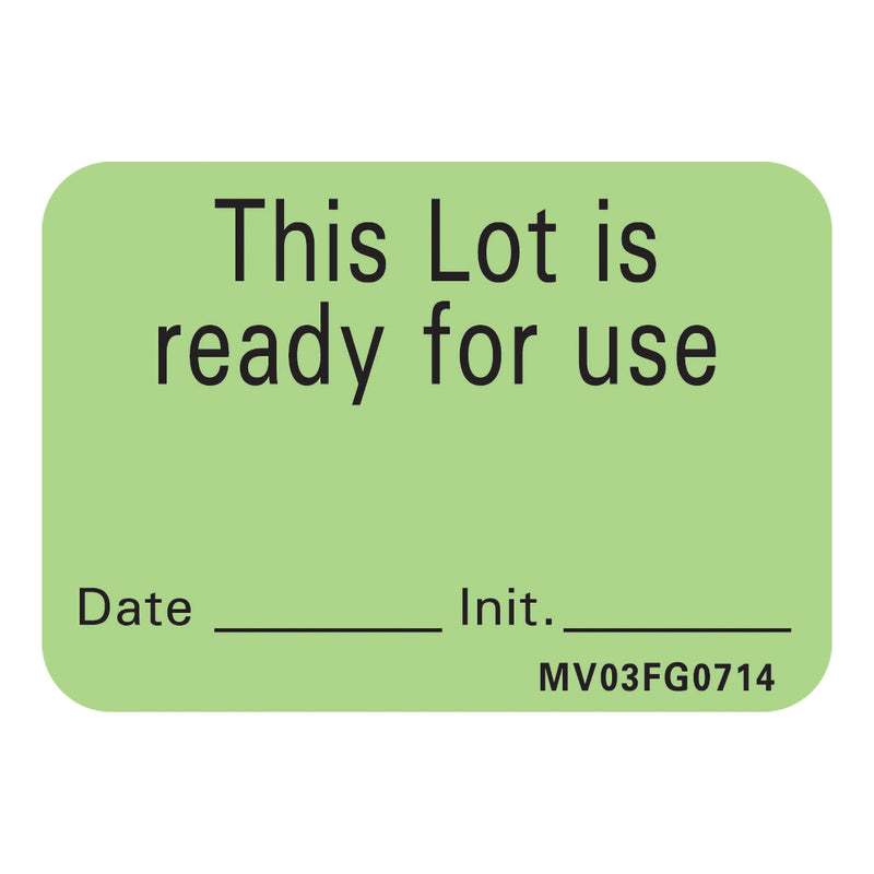 Barkley® Pre-Printed Label Auxiliary Label Green Plastic This Lot is ready for use, Date-Init Black Quality Control Label 1 X 1-7/16 Inch (489157_RL) 1/RL