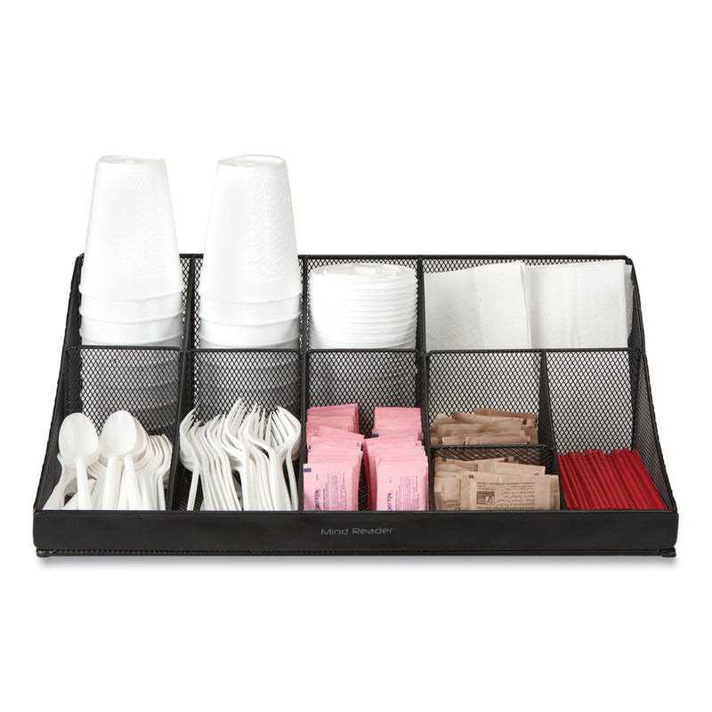 Network Collection 11-Compartment Coffee Cup and Condiment Countertop Organizer, 9.5 x 17.88 x 6.63, Black (EMSCOMORGMESHBL) Each