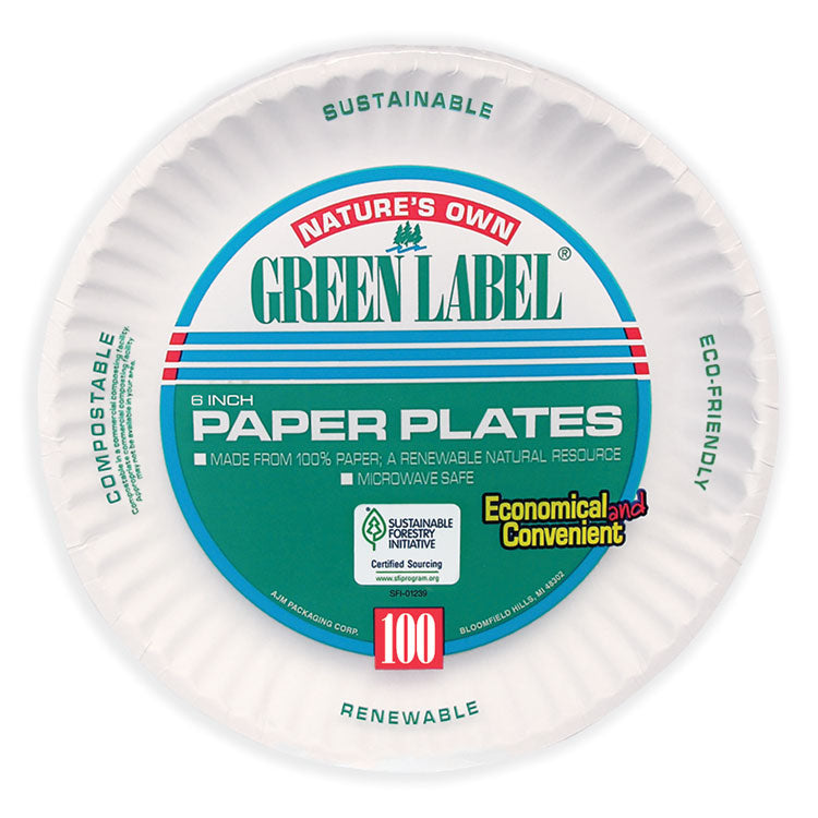 AJM Packaging Corporation White Paper Plates, 6" dia, 100/Pack, 10 Packs/Carton (AJMPP6GREWH)