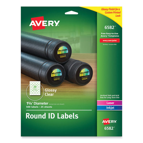 Avery® Round Print-to-the Edge Labels with SureFeed and EasyPeel, 1.67" dia, Glossy Clear, 500/PK (AVE6582)
