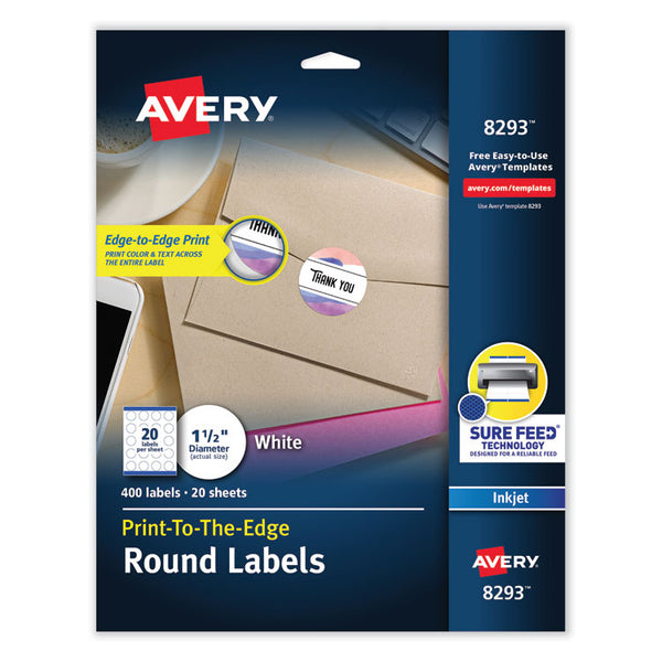 Avery® Vibrant Inkjet Color-Print Labels w/ Sure Feed, 1.5" dia, White, 400/PK (AVE8293)