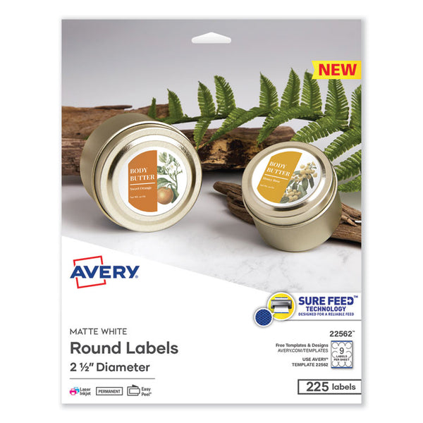 Avery&reg; Matte White Sure Feed Labels, 2 1/2" Diameter, 9/Sheet, 25 Total Sheets, 225 Total Labels (AVE22562)