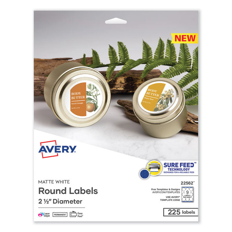 Avery&reg; Matte White Sure Feed Labels, 2 1/2" Diameter, 9/Sheet, 25 Total Sheets, 225 Total Labels (AVE22562)