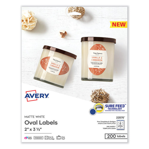 Avery® Laser/Inkjet Media Labels, Inkjet/Laser Printers, 2 x 3.3, White, 8 Labels/Sheet, 25 Sheets/Pack (AVE22570)