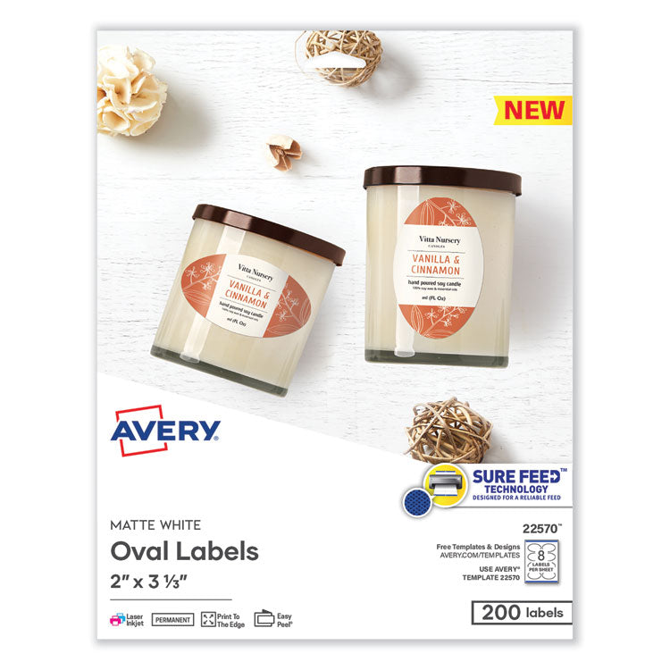 Avery® Laser/Inkjet Media Labels, Inkjet/Laser Printers, 2 x 3.3, White, 8 Labels/Sheet, 25 Sheets/Pack (AVE22570)