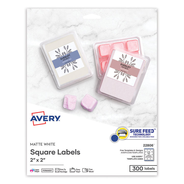 Avery® Square Labels with Sure Feed and TrueBlock, 2 x 2, White, 300/Pack (AVE22806)