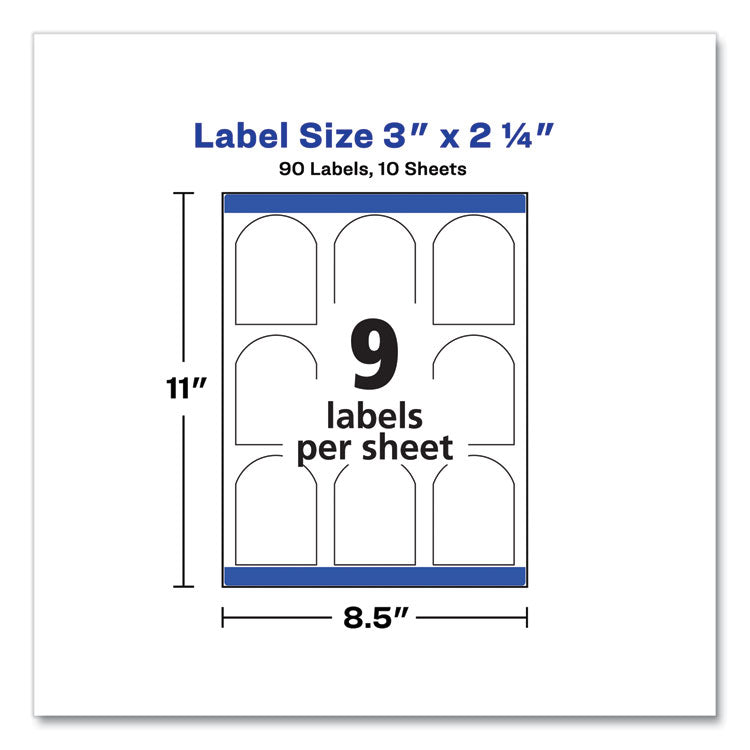 Avery® Textured Arched Print-to-the-Edge Labels, Laser Printers, 3 x 2.25, White, 9/Sheet, 10 Sheets/Pack (AVE22809)