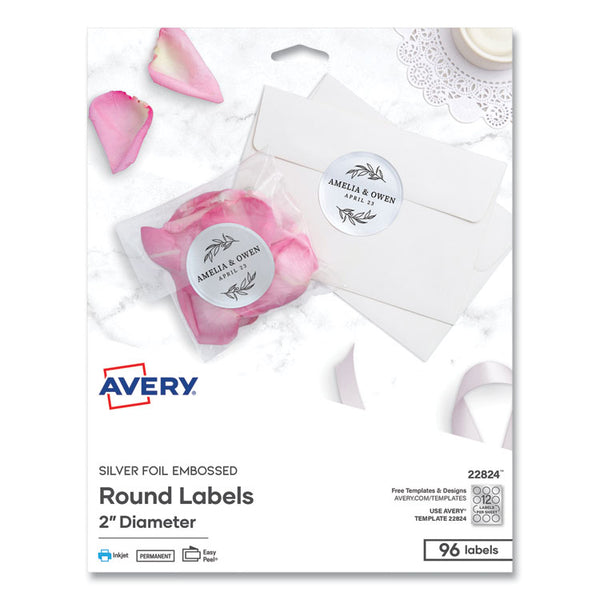 Avery® Round Labels, Inkjet Printers, 2" dia, Silver, 12/Sheet, 8 Sheets/Pack (AVE22824)