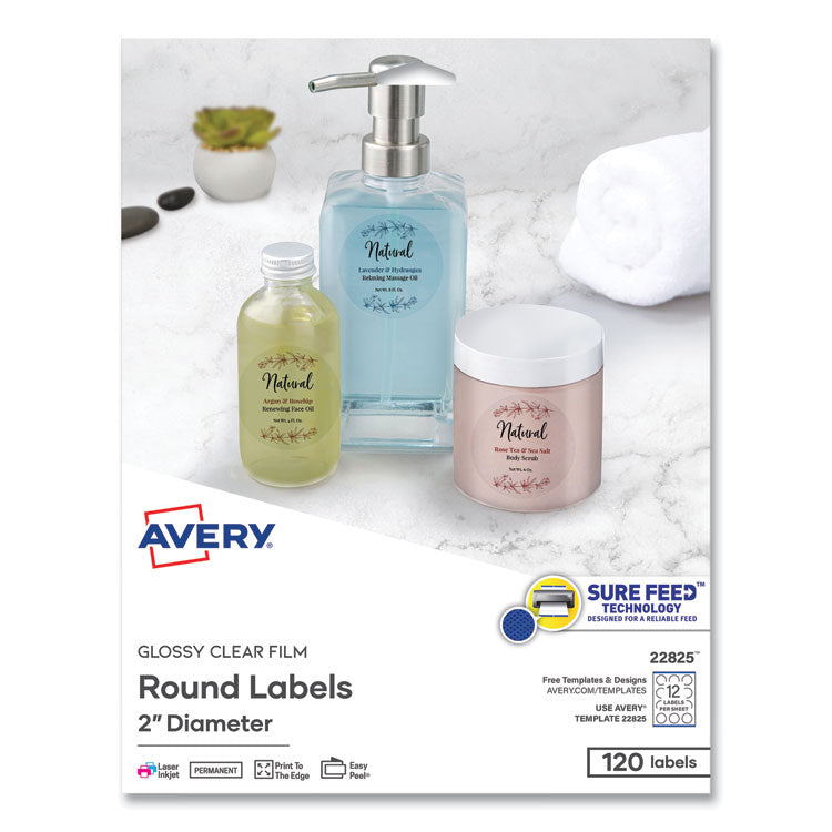 Avery® Round Print-to-the Edge Labels with Sure Feed and Easy Peel, 2" dia, Glossy Clear, 120/PK (AVE22825)