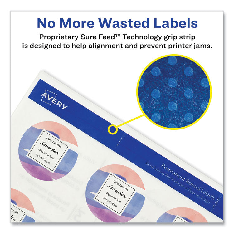 Avery® Round Print-to-the Edge Labels with Sure Feed and Easy Peel, 2" dia, Glossy Clear, 120/PK (AVE22825)