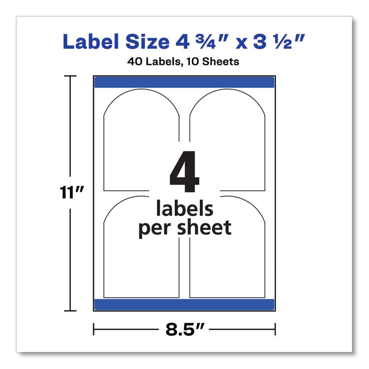 Avery® Textured Arched Print-to-the-Edge Labels, Laser Printers, 4.75 x 3.5, White, 4/Sheet, 10 Sheets/Pack (AVE22826)