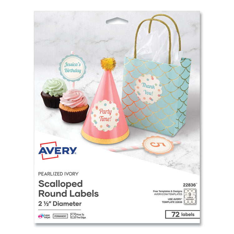 Avery® Print-to-the Edge Labels w/Scalloped Edge, 2 1/2" dia, Pearl Ivory, 72/PK (AVE22836)