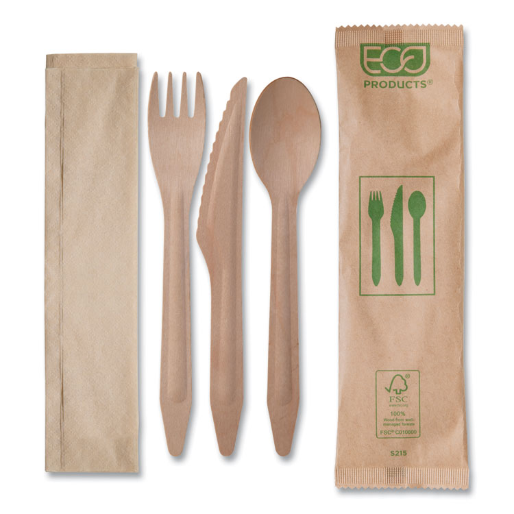 Eco-Products® Wood Cutlery, Fork/Knife/Spoon/Napkin, Natural, 500/Carton (ECOEPS215)