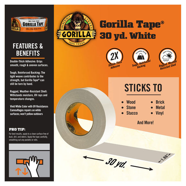 Gorilla® Gorilla Tape, 3" Core, 1.88" x 30 yds, White (GOR6025001)