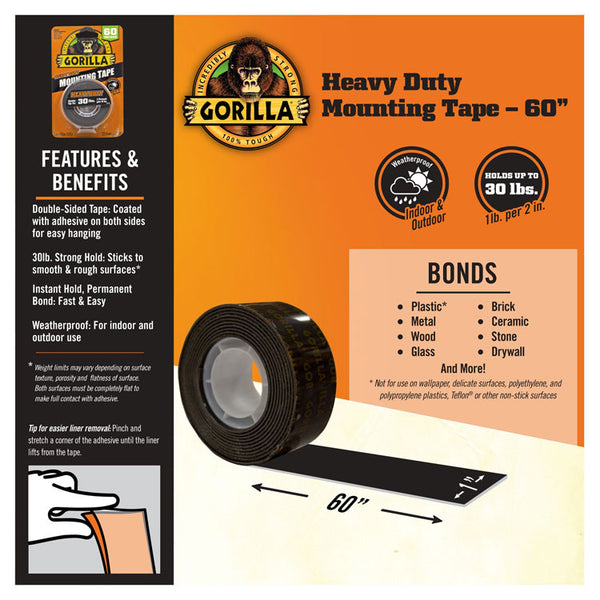 Gorilla® Heavy Duty Mounting Tape, Permanent, Holds Up to 30 lbs, 1" x 60", Black (GOR6055002)