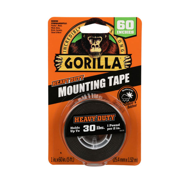 Gorilla® Heavy Duty Mounting Tape, Permanent, Holds Up to 30 lbs, 1" x 60", Black (GOR6055002)