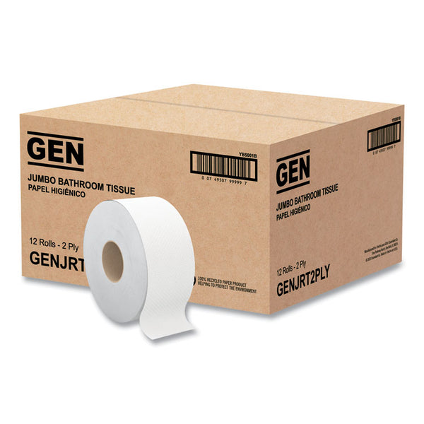 GEN Jumbo Bath Tissue, Septic Safe, 2-Ply, White, 3.5" x 750 ft, 12/Carton (GENJRT2PLY)