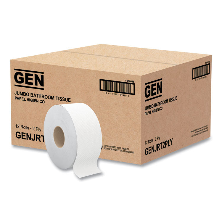 GEN Jumbo Bath Tissue, Septic Safe, 2-Ply, White, 3.5" x 750 ft, 12/Carton (GENJRT2PLY) Case of 12