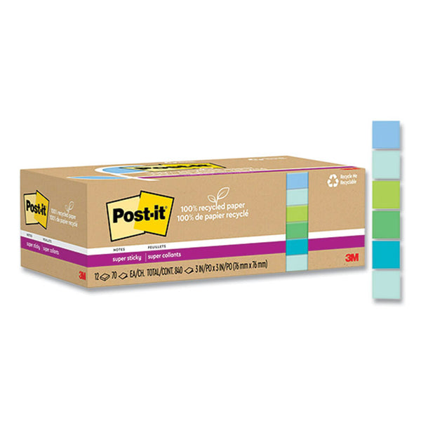 Post-it® Notes Super Sticky 100% Recycled Paper Super Sticky Notes, Unruled, 3" x 3", Assorted Oasis Colors, 70 Sheets/Pad, 12 Pads/Pack (MMM654R12SST) Pack of 12