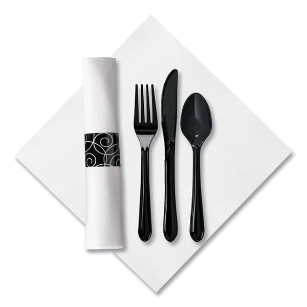 Hoffmaster® CaterWrap Heavyweight Cutlery Combo, Fork/Spoon/Knife/Napkin, Black, 100/Carton (HFM119971)