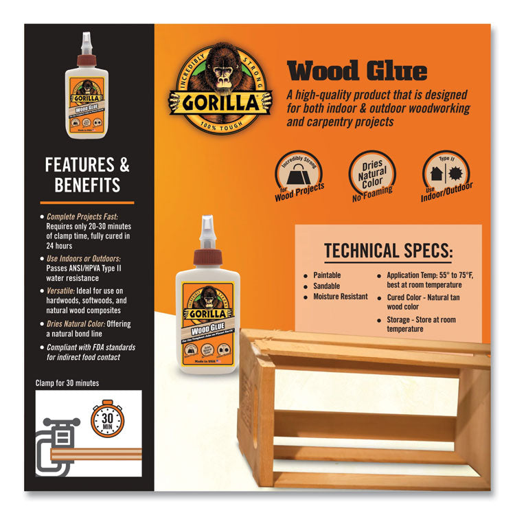 Gorilla® Wood Glue, 4 oz, Dries Light Tan (GOR6202001) Each