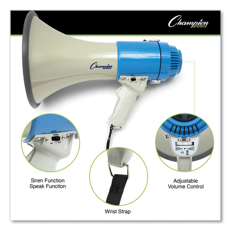 Champion Sports Megaphone, 12 W to 25 W, 1,000 yds Range, White/Blue (CSIMP12W) Each