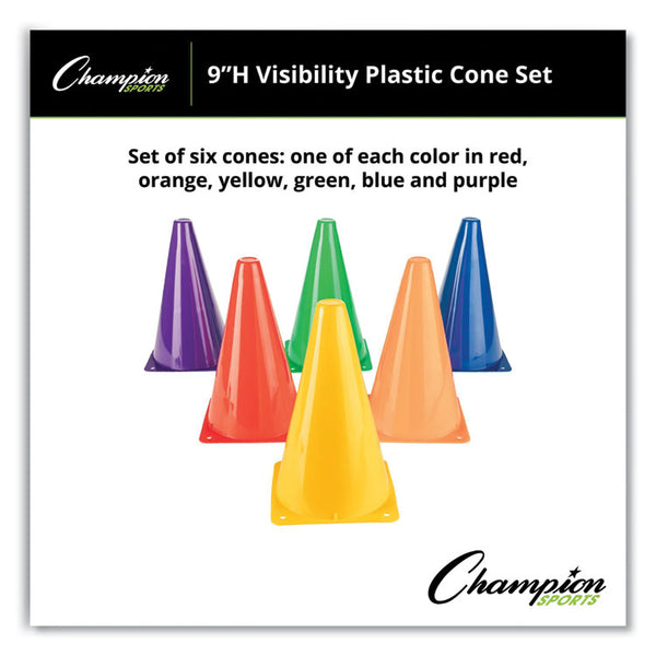 Champion Sports Indoor/Outdoor High Visibility Plastic Cone Set, Assorted Colors, 6/Box (CSITC9SET) Set of 6