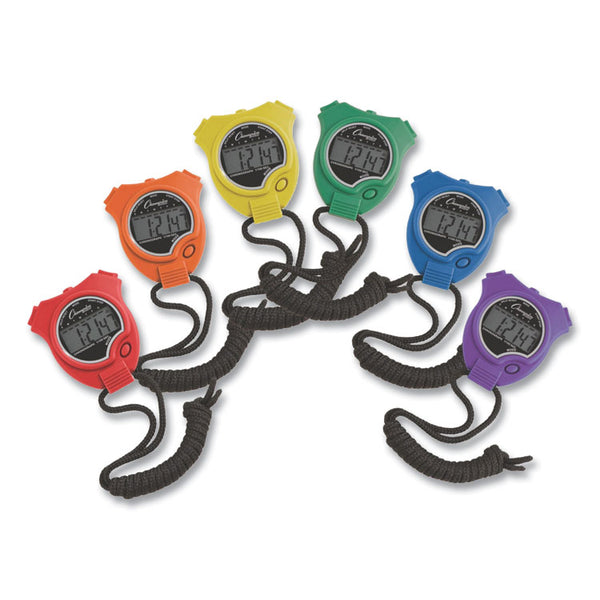 Champion Sports Water-Resistant Stopwatches, Accurate to 1/100 Second, Assorted Colors, 6/Box (CSI910SET) Box of 6