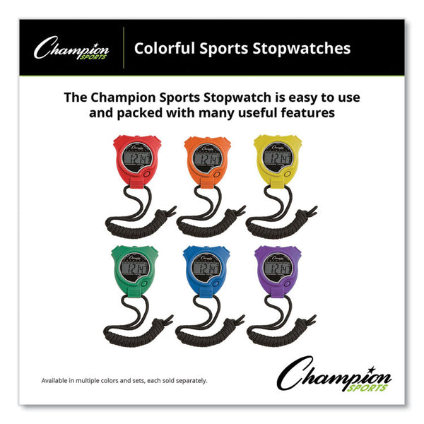 Champion Sports Water-Resistant Stopwatches, Accurate to 1/100 Second, Assorted Colors, 6/Box (CSI910SET) Box of 6