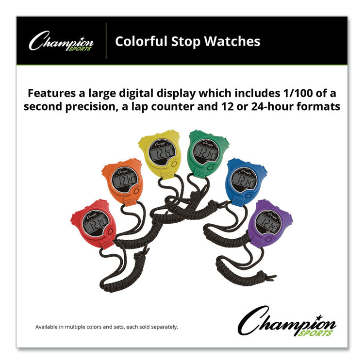 Champion Sports Water-Resistant Stopwatches, Accurate to 1/100 Second, Assorted Colors, 6/Box (CSI910SET) Box of 6