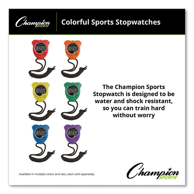 Champion Sports Water-Resistant Stopwatches, Accurate to 1/100 Second, Assorted Colors, 6/Box (CSI910SET) Box of 6