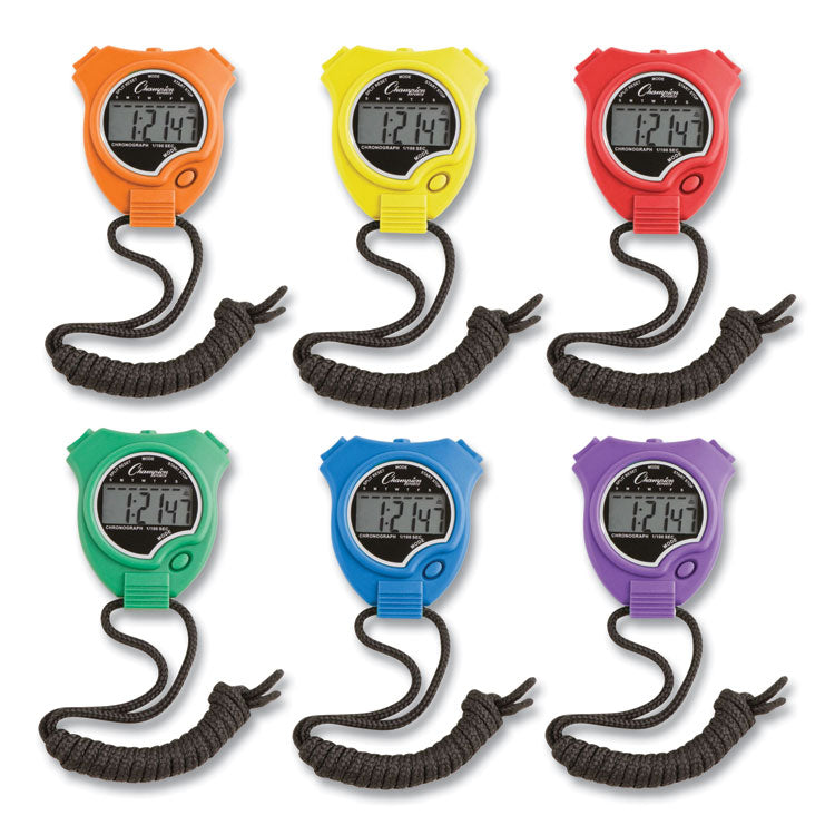 Champion Sports Water-Resistant Stopwatches, Accurate to 1/100 Second, Assorted Colors, 6/Box (CSI910SET) Box of 6