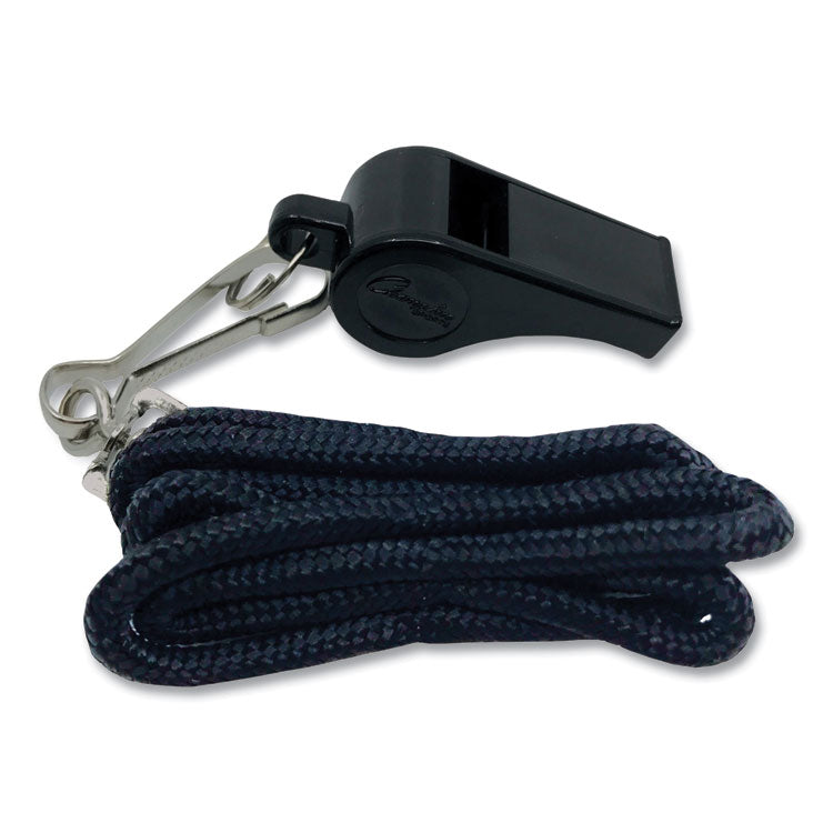 Champion Sports Sports Whistle with Black Nylon Lanyard, Plastic, Black, Dozen (CSIBP601)