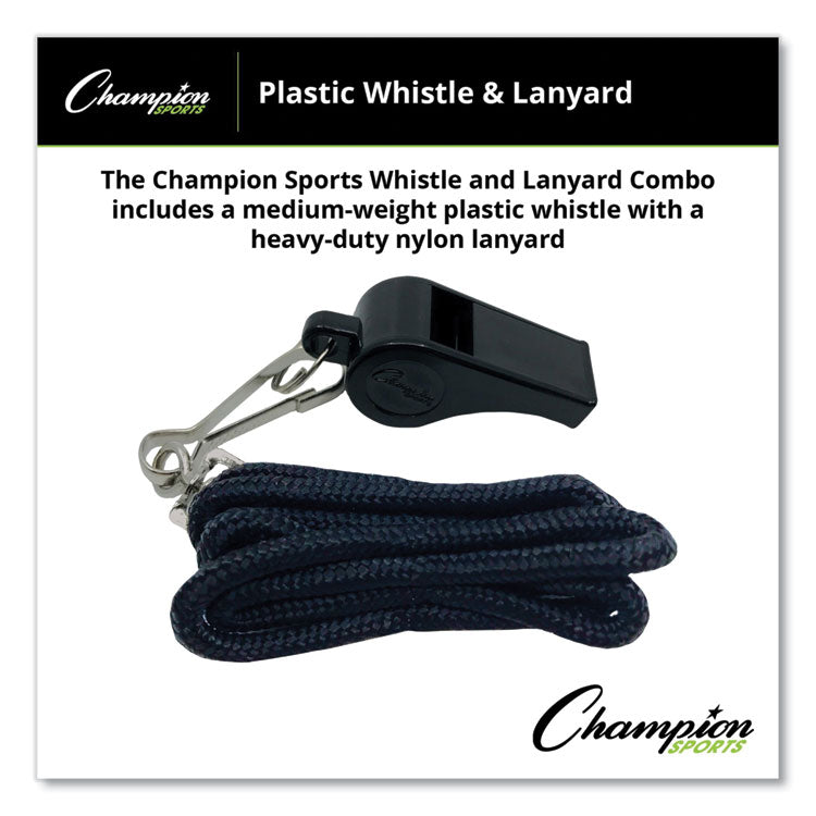 Champion Sports Sports Whistle with Black Nylon Lanyard, Plastic, Black, Dozen (CSIBP601)