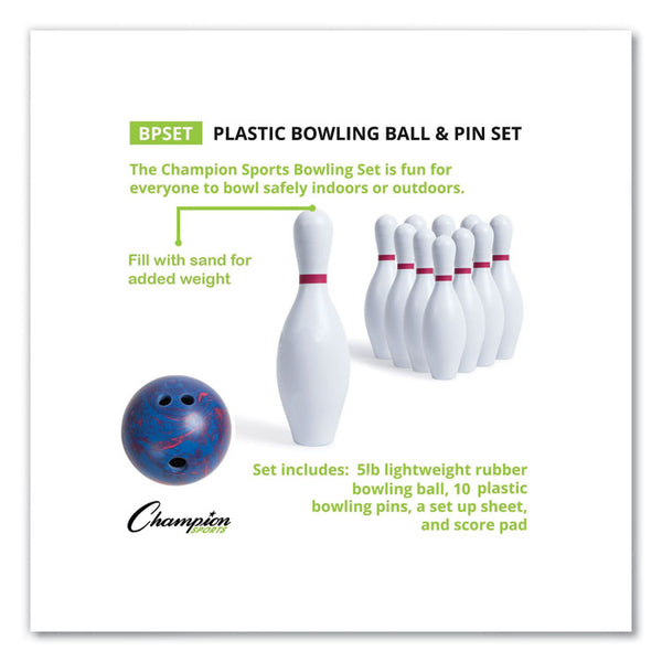 Champion Sports Bowling Set, Plastic/Rubber, White, 10 Bowling Pins, 1 Bowling Ball (CSIBPSET) 1 Set