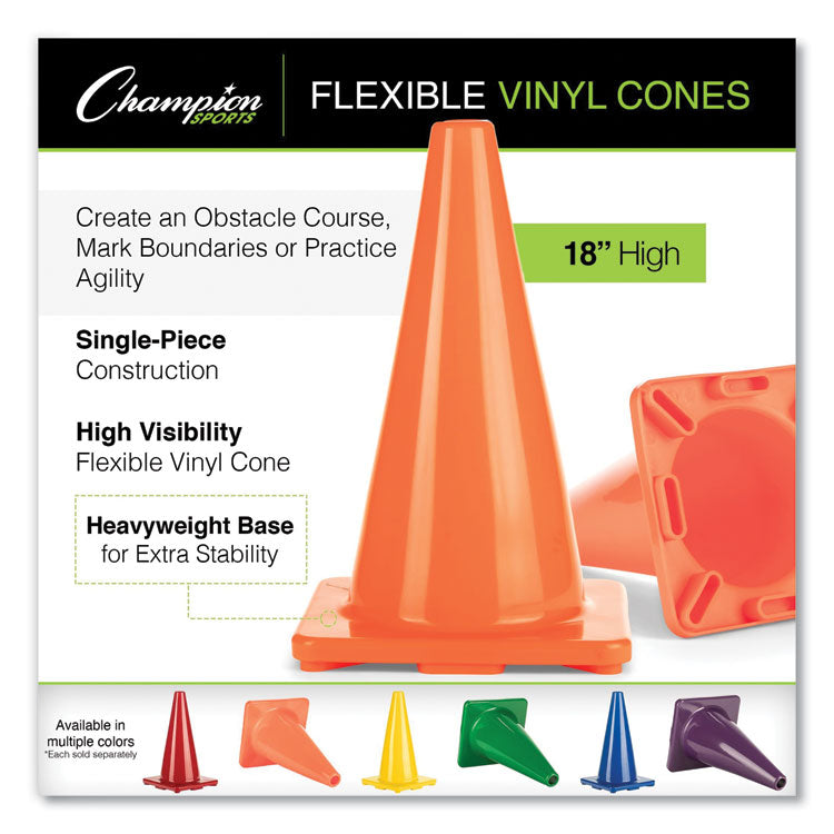 Champion Sports Hi-Visibility Vinyl Cones, 18" Tall, Orange (CSIC18OR) Each