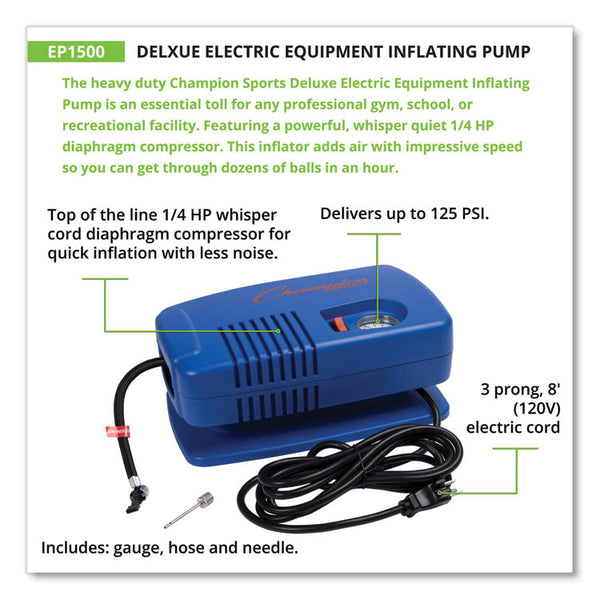 Champion Sports Electric Inflating Pump with Gauge, Hose and Needle, 0.25 hp Compressor, 50 psi, 8 ft Cord (CSIEP1500) Each